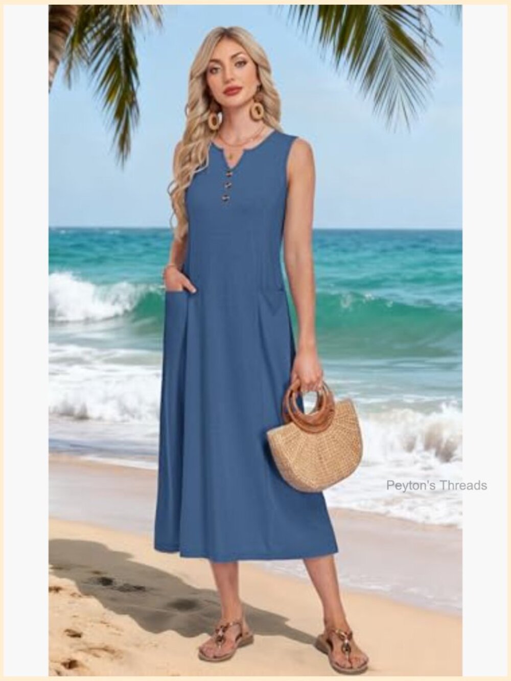 Casual Midi Dress V Neck Sleeveless Summer Beach Button Down with Pockets - Picture 3 of 7